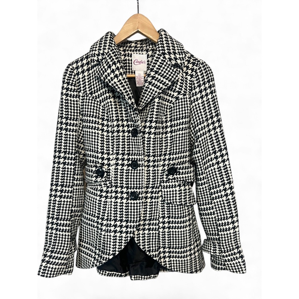 Candies Houndstooth Peplum Jacket Black White Fit Flare Y2K Blazer XS